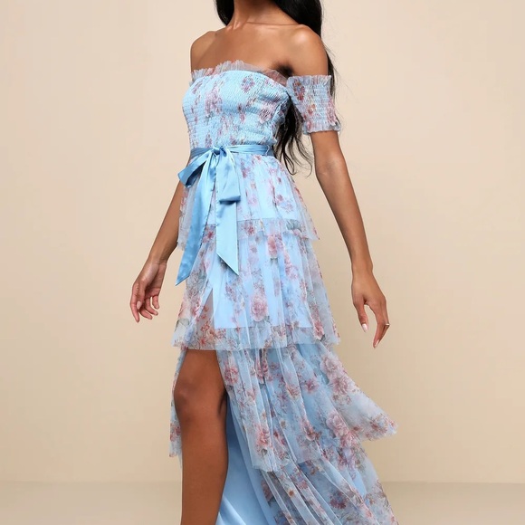 Pretty Whimsy Blue Floral Tiered Off-the-Shoulder Maxi Dress - Picture 1 of 4